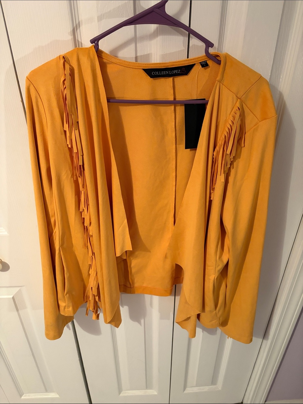 NWT- Colleen Lopez Vibrant Yellow Fringe Open-Front Jacket- suede